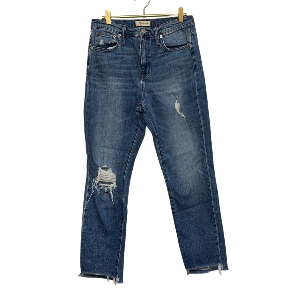 Madewell The High Rise Slim Boy Jean Medium Wash Distressed Raw Hem Size 27‎